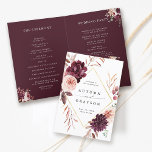 Autumn Romance Burgundy Wedding Folded Program Programme<br><div class="desc">This wedding ceremony program features a watercolor flower wreath of dahlias,  garden roses,  and peony in burgundy red,  maroon,  blush pink over fall leaves with a faux gold diamond shape frame. For more advanced customisation of this design,  please click the BLUE DESIGN TOOL BUTTON. Matching items are also available.</div>