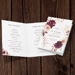 Autumn Romance Burgundy Wedding Folded      Programme<br><div class="desc">This wedding ceremony program features a watercolor flower wreath of dahlias,  garden roses,  and peony in burgundy red,  maroon,  blush pink over fall leaves with a faux gold diamond shape frame. For more advanced customisation of this design,  please click the BLUE DESIGN TOOL BUTTON. Matching items are also available.</div>