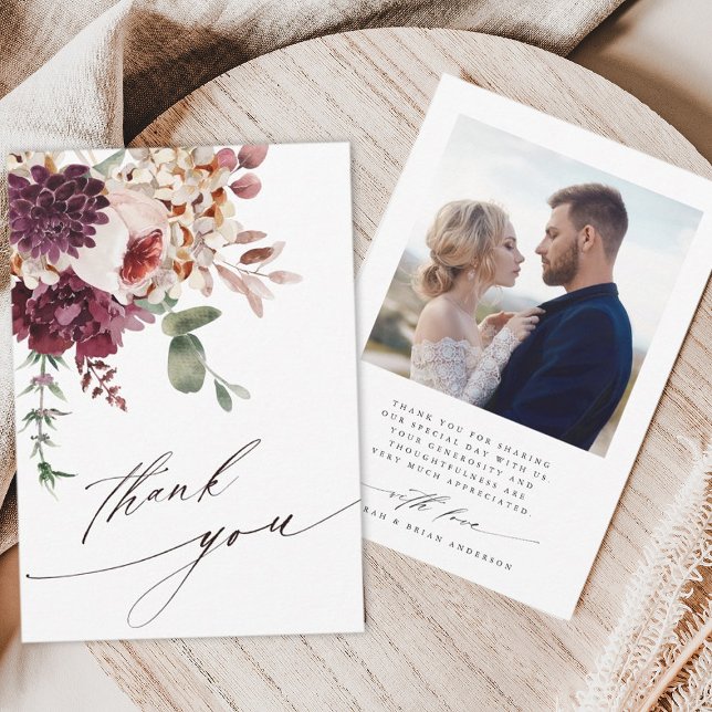 Autumn Romance Elegant Floral Wedding Photo Thank You Card (Front & Back)
