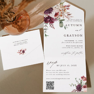 Autumn Romance Elegant Floral Wedding QR Code All In One Invitation