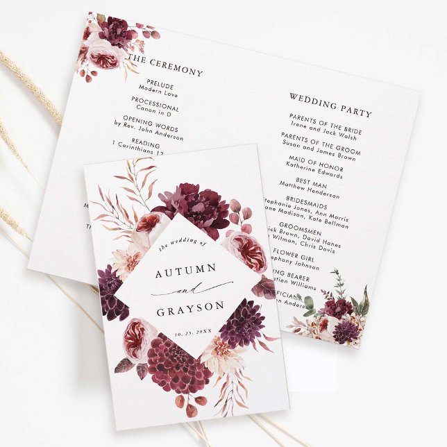 Autumn Romance Floral Burgundy Wedding Program (Front & Inside)