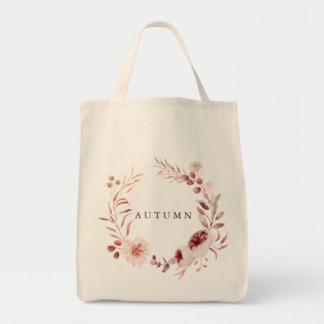 Autumn Romance Floral Wreath Personalise Grocery Tote Bag (Front)