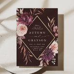 Autumn Romance Gold Frame Burgundy Wedding  Invita Invitation<br><div class="desc">This wedding invitation features a watercolor flower wreath of dahlias,  garden roses,  and peony in burgundy red,  maroon,  blush pink over fall leaves with a faux gold diamond shape frame. For more advanced customisation of this design,  please click the BLUE DESIGN TOOL BUTTON. Matching items are also available.</div>