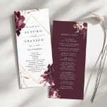 Autumn Romance Gold Frame Burgundy Wedding Programme<br><div class="desc">This wedding ceremony program features a watercolor flower wreath of dahlias,  garden roses,  and peony in burgundy red,  maroon,  blush pink over fall leaves with a faux gold diamond shape frame. For more advanced customisation of this design,  please click the BLUE DESIGN TOOL BUTTON. Matching items are also available.</div>