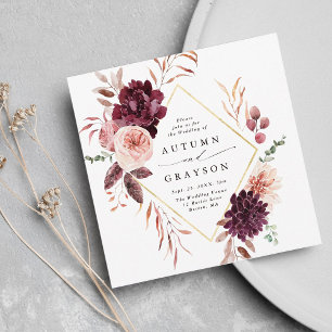 Autumn Romance Gold Frame Burgundy Wedding Square Invitation