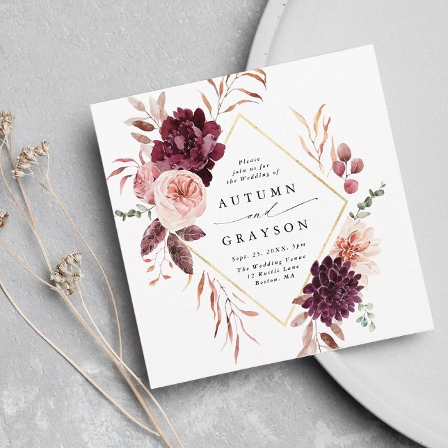Autumn Romance Gold Frame Burgundy Wedding Square Invitation (Creator Uploaded)