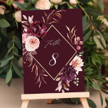 Autumn Romance Gold Frame Burgundy Wedding Table Number<br><div class="desc">This wedding table number features a watercolor flower wreath of dahlias,  garden roses,  and peony in burgundy red,  maroon,  blush pink over fall leaves with a faux gold diamond shape frame. For more advanced customisation of this design,  please click the BLUE DESIGN TOOL BUTTON. Matching items are also available.</div>