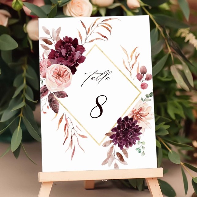 Autumn Romance Gold Frame Burgundy Wedding Table Number (Creator Uploaded)