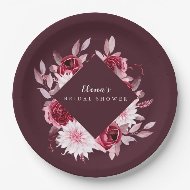 Autumn Romance Gold Frame Floral bridal shower Paper Plate (Front)