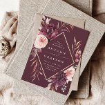 Autumn Romance Gold Frame Floral Wedding Invitation<br><div class="desc">This wedding invitation features a watercolor flower wreath of dahlias,  garden roses,  and peony in burgundy red,  maroon,  blush pink over fall leaves with a faux gold diamond shape frame. For more advanced customisation of this design,  please click the BLUE DESIGN TOOL BUTTON. Matching items are also available.</div>