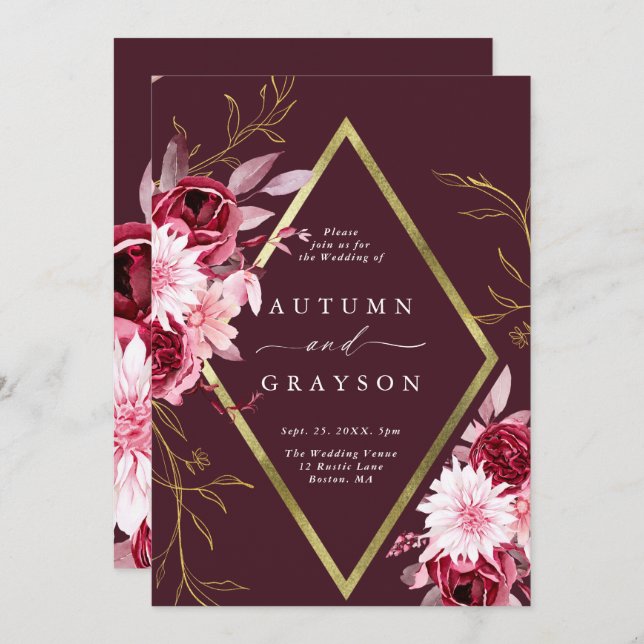 Autumn Romance Gold Frame Floral Wedding Invitation (Front/Back)