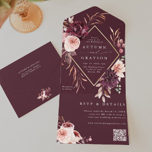Autumn Romance Gold Geometric Wedding QR Code All In One Invitation