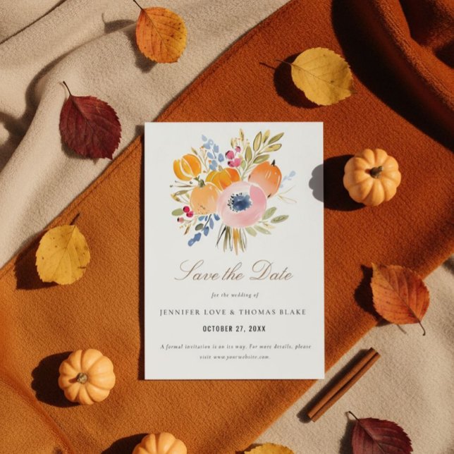 Autumn Romance Pumpkins & Falling Leaves Wedding Save The Date (Creator Uploaded)