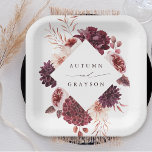 Autumn Romance Watercolor Floral Wedding Paper Plate<br><div class="desc">This wedding paper plate features a watercolor flower wreath of dahlias,  garden roses,  and peony in burgundy red,  maroon,  blush pink over fall leaves with a diamond shape frame. For more advanced customisation of this design,  please click the BLUE DESIGN TOOL BUTTON. Matching items are also available.</div>