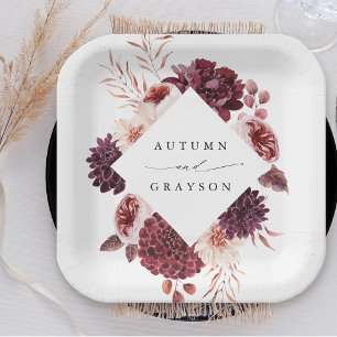 Autumn Romance Watercolor Floral Wedding Paper Plate