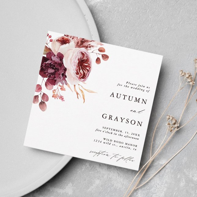 Autumn Romance Watercolor Floral Wedding Square Invitation (Creator Uploaded)
