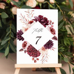 Autumn Romance Watercolor Floral Wedding  Table Number<br><div class="desc">This wedding table number features a watercolor flower wreath of dahlias,  garden roses,  and peony in burgundy red,  maroon,  blush pink over fall leaves with a diamond shape frame. For more advanced customisation of this design,  please click the BLUE DESIGN TOOL BUTTON. Matching items are also available.</div>
