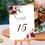 Autumn Romance Watercolor Floral Wedding Table Number<br><div class="desc">This wedding table number features watercolor flower bouquets of dahlias,  garden roses,  and peony in burgundy red,  maroon,  blush pink over fall leaves. For more advanced customisation of this design,  please click the BLUE DESIGN TOOL BUTTON. Matching items are also available.</div>