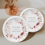 Autumn Romance Watercolor Floral Wreath Wedding  Paper Plate<br><div class="desc">This wedding paper plate features a watercolor flower wreath of dahlia,  garden rose,  peony,  and poppy in burgundy red,  maroon,  blush pink over fall leaves. For more advanced customisation of this design,  please click the BLUE DESIGN TOOL BUTTON. Matching items are also available.</div>
