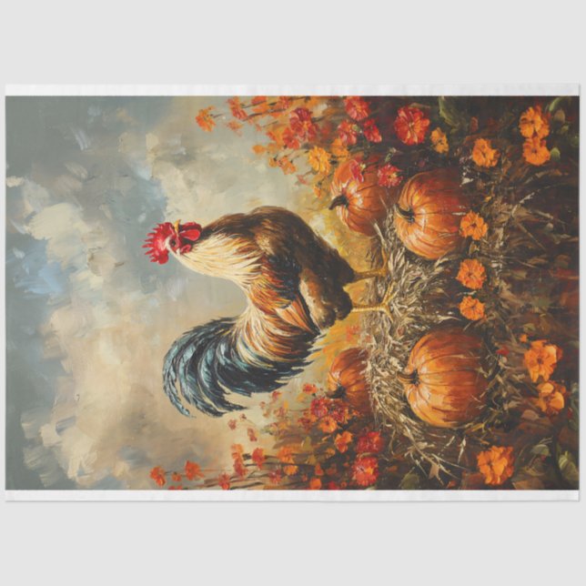 Autumn Rooster with Pumpkins Decoupage Tissue Paper (Front)