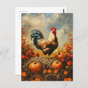 Autumn Rooster with Pumpkins Postcard