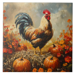 Autumn Rooster with Pumpkins Tile