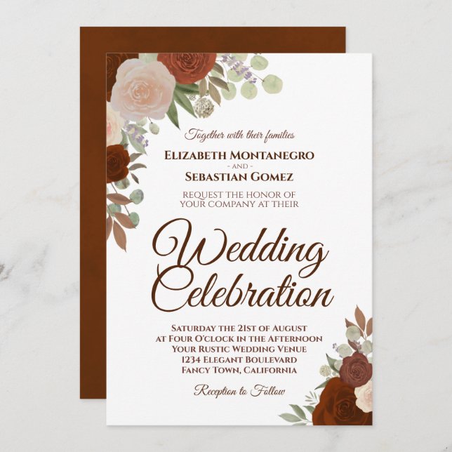 Autumn Roses Elegant Rust Orange Wedding Invitation (Front/Back)