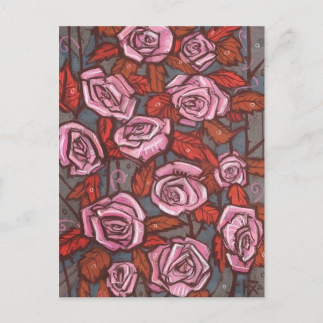 Autumn Roses Floral Art Rustic Flowers Pink Orange Postcard (Front)