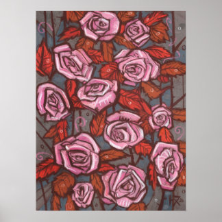 Autumn Roses Floral Art Rustic Flowers Pink Orange Poster