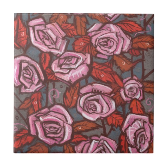 Autumn Roses Floral Art Rustic Flowers Pink Orange Tile (Front)