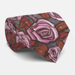 Autumn Roses Retro Floral Pattern Pink Grey Brown Tie