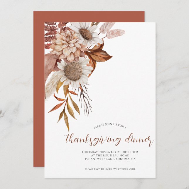 Autumn Rust Floral Thanksgiving Invitation (Front/Back)