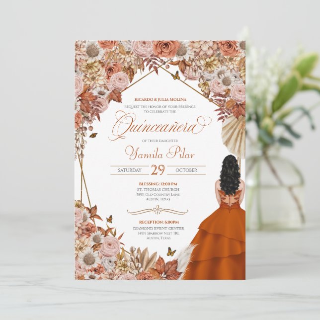 Autumn Rust Orange Leaves Quinceanera Invitation (Standing Front)