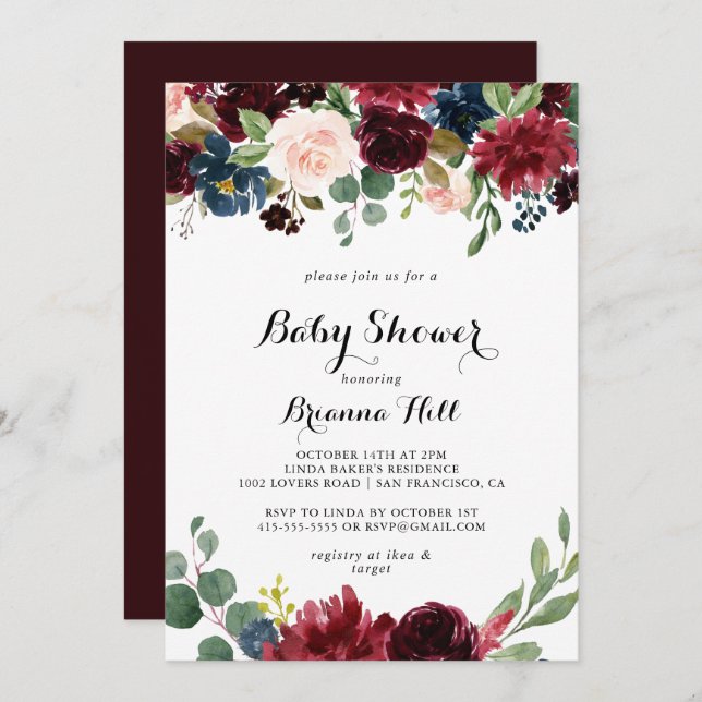 Autumn Rustic Burgundy Calligraphy Baby Shower Invitation (Front/Back)