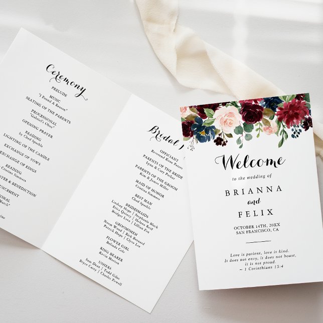 Autumn Rustic Burgundy Calligraphy Folded Wedding Programme (Creator Uploaded)