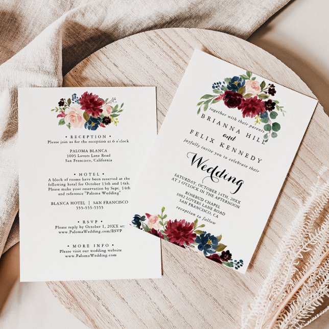 Autumn Rustic Burgundy Floral Front & Back Wedding Invitation (Creator Uploaded)