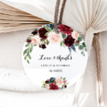 Autumn Rustic Burgundy Love & Thanks Wedding Classic Round Sticker<br><div class="desc">This autumn rustic burgundy love & thanks wedding classic round sticker is perfect for a simple wedding. The design features burgundy,  red,  navy,  blue and blush radiant and graceful hand-painted flowers,  inspiring natural beauty.</div>