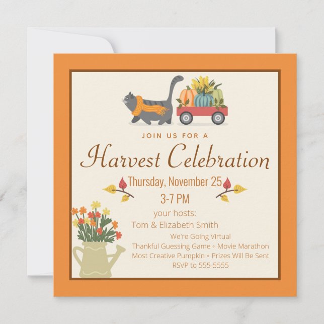Autumn Rustic Cat & Pumpkins Thanksgiving Invitation (Front)