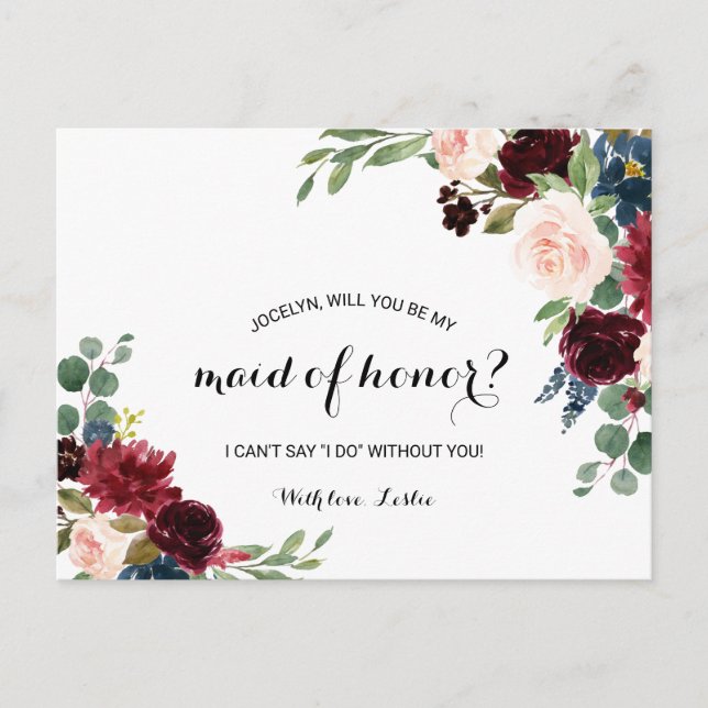 Autumn Rustic Dazzling Burgundy Maid of Honour Invitation Postcard (Front)