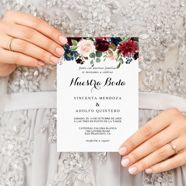 Autumn Rustic Dazzling Burgundy Spanish Wedding Invitation (Creator Uploaded)