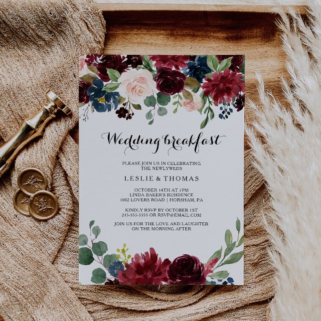 Autumn Rustic Dazzling Burgundy Wedding Breakfast Invitation (Creator Uploaded)
