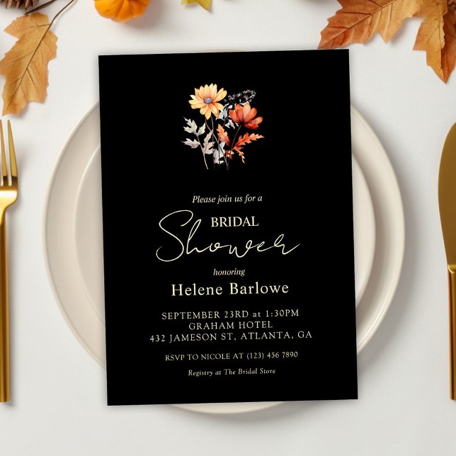 Autumn Rustic Elegant Floral Fall Bridal Shower Invitation (Black Elegant Watercolor Floral Bridal Shower Invitation)