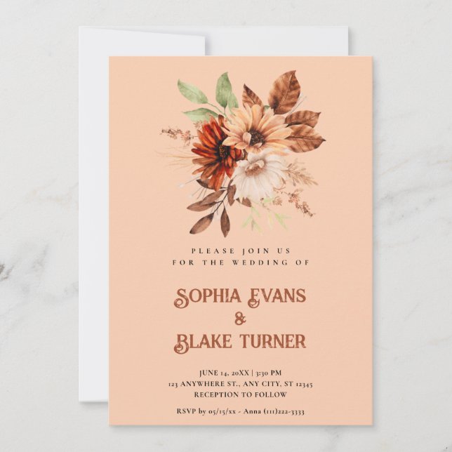 Autumn Rustic Floral Botanical Apricot Wedding Invitation (Front)