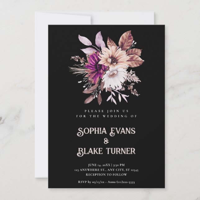 Autumn Rustic Floral Botanical Black Wedding Invitation (Front)