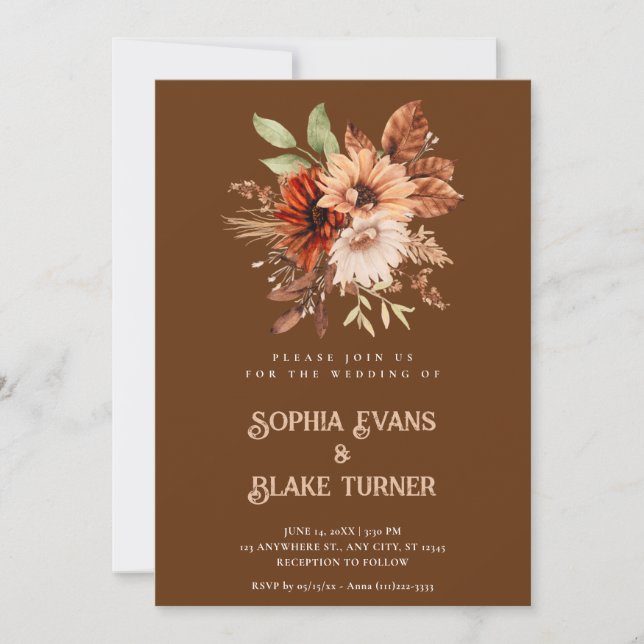 Autumn Rustic Floral Botanical Caramel Wedding Invitation (Front)