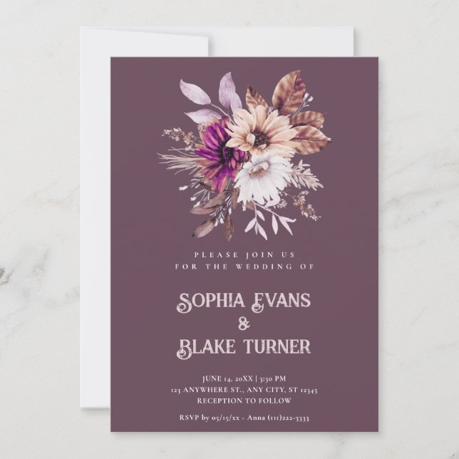 Autumn Rustic Floral Botanical Eggplant Wedding Invitation (Front)