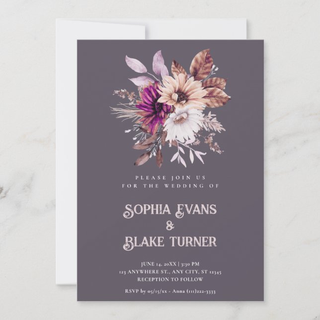 Autumn Rustic Floral Botanical Smoke Grey Wedding Invitation (Front)