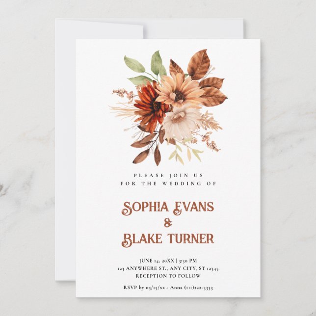Autumn Rustic Floral Botanical White Wedding Invitation (Front)
