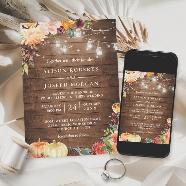 Autumn Rustic Floral Pumpkin String Lights Wedding Invitation (Creator Uploaded)