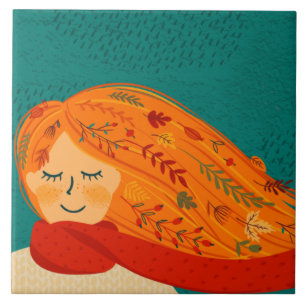 Autumn Rustic Girl Leaves and Rain Tile